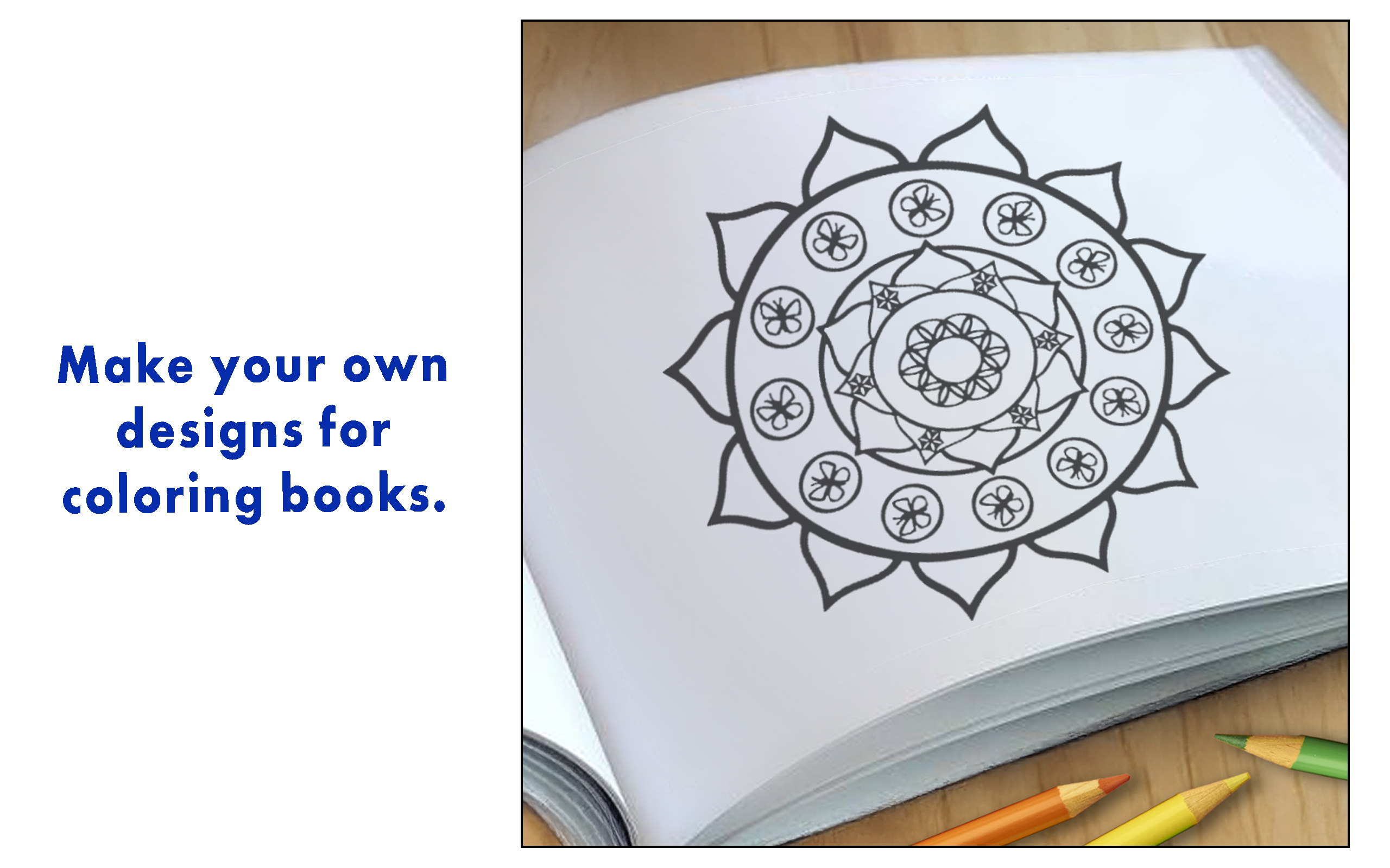 A mandala design printed onto a page in an open coloring book
