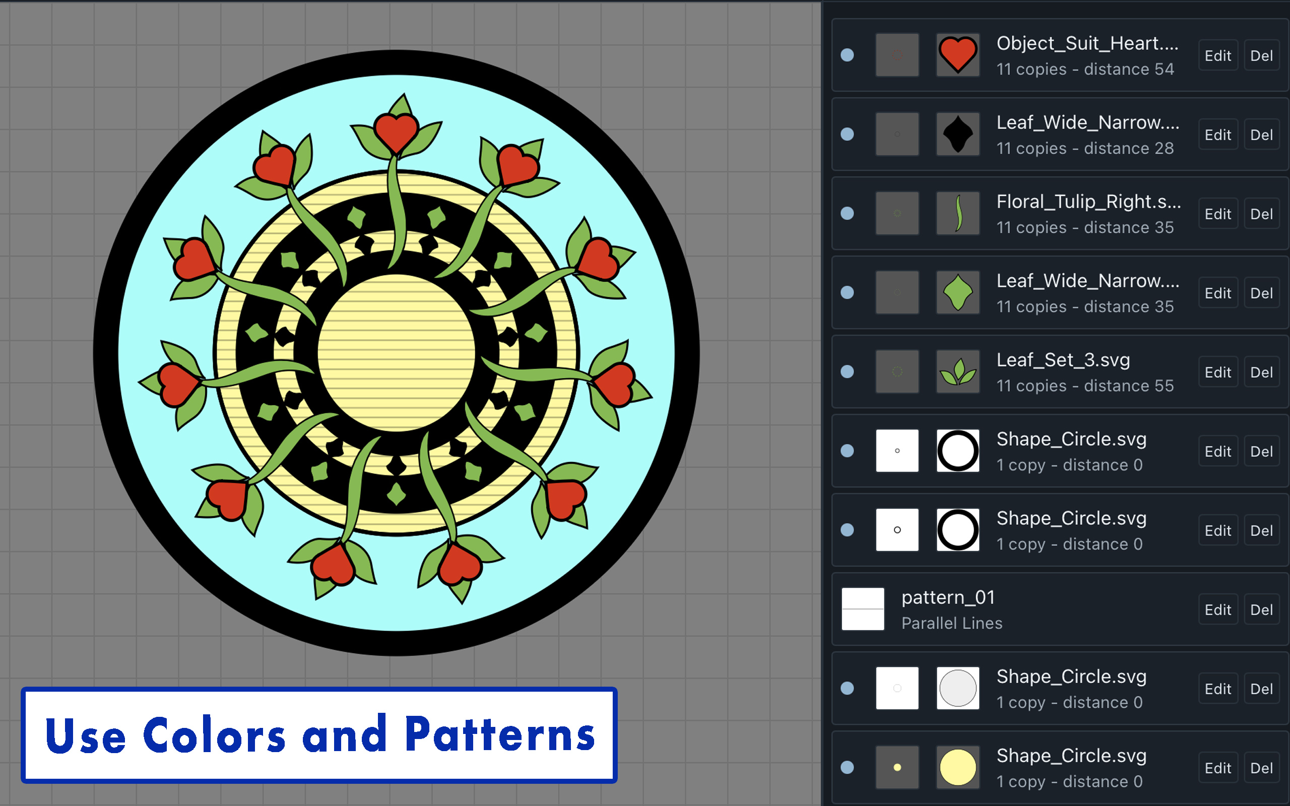 Mandala colored with fills and a repeating pattern