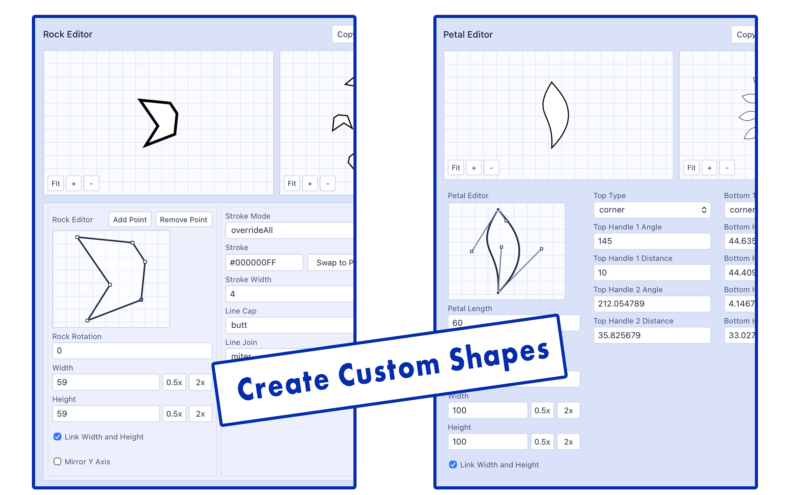 Rock editor and petal editor with draggable control points