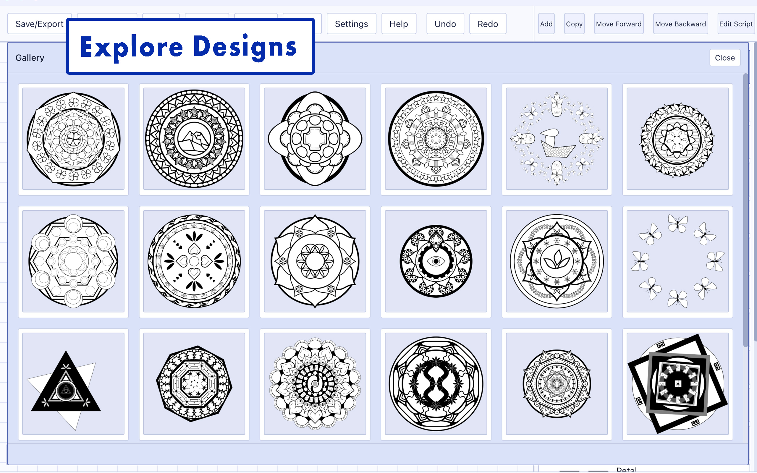Gallery of built-in starter mandala designs