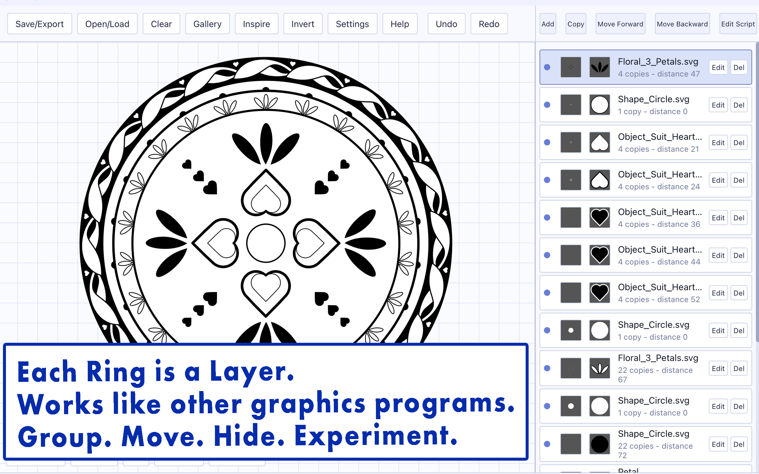 Layer panel showing a mandala built from stacked rings