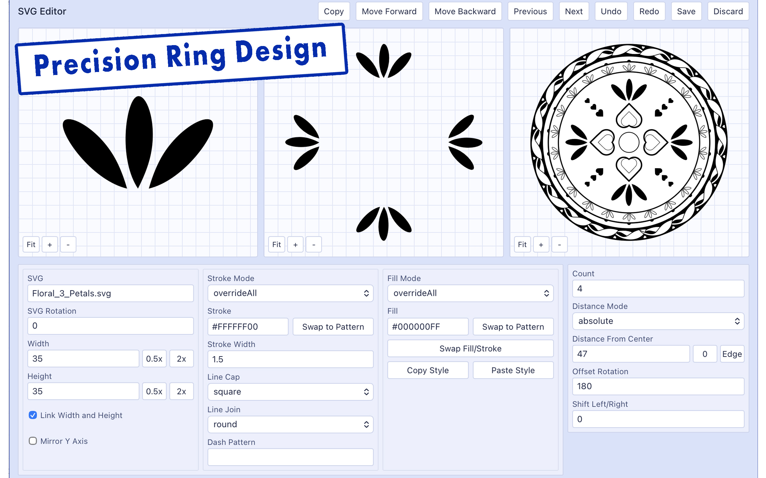 Editor showing precise ring placement controls