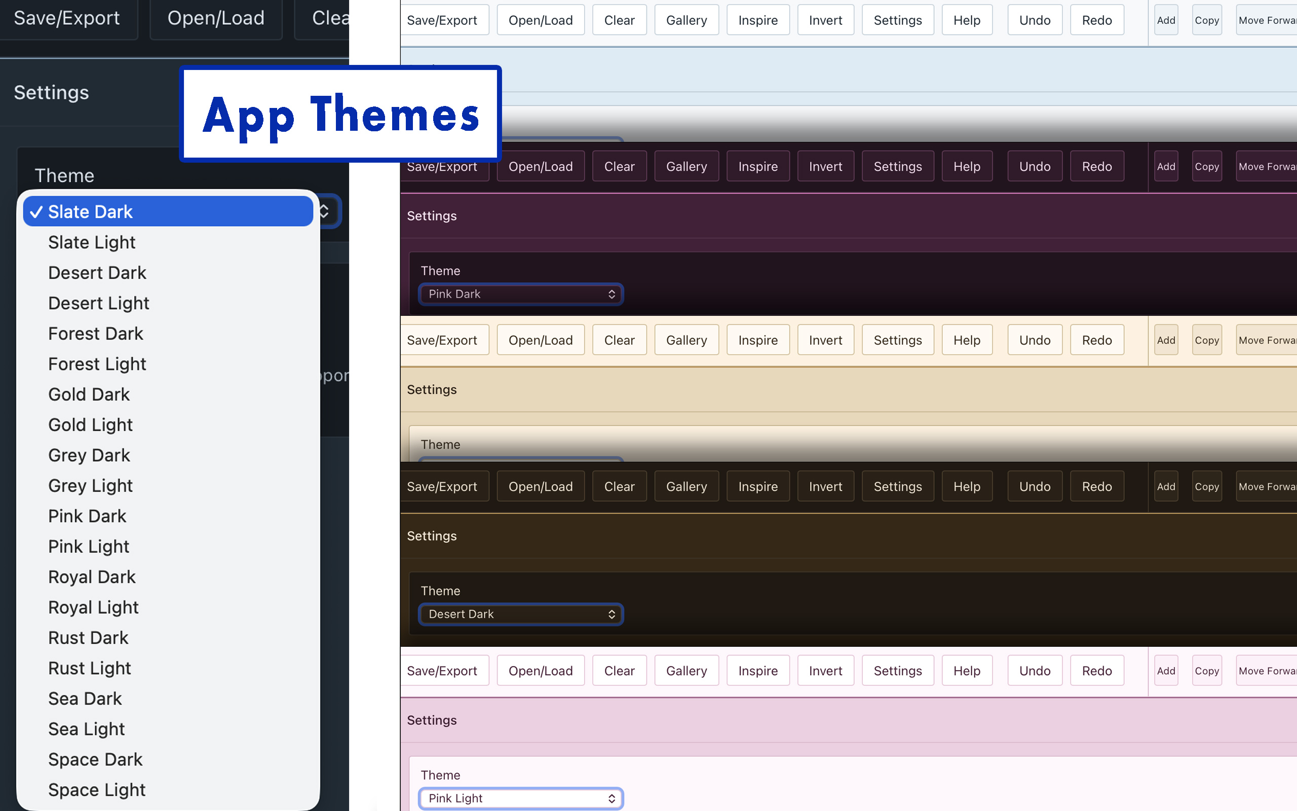 Theme picker showing ten color palettes in light and dark