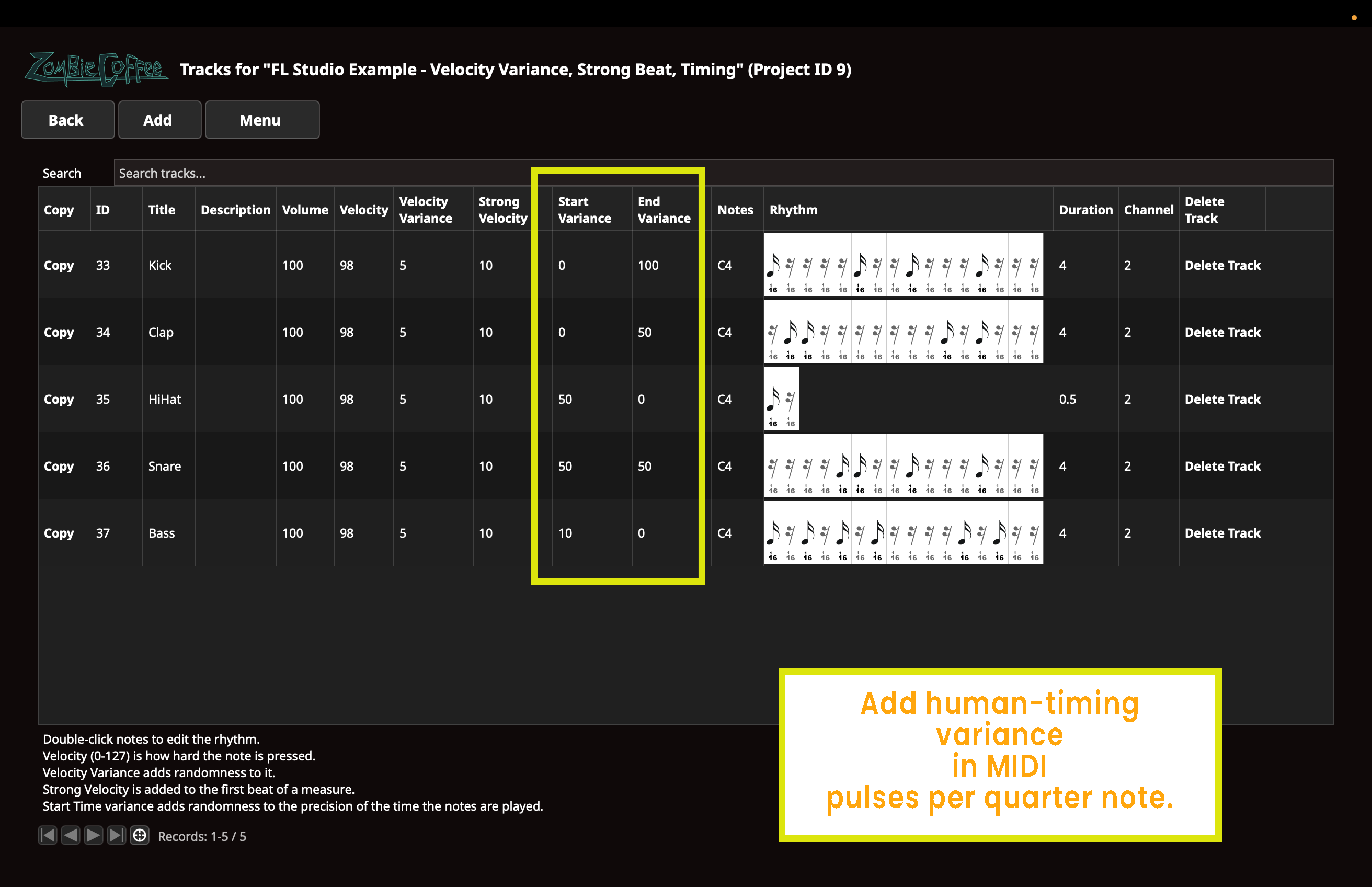 ZombieCoffee track view showing timing-related settings.