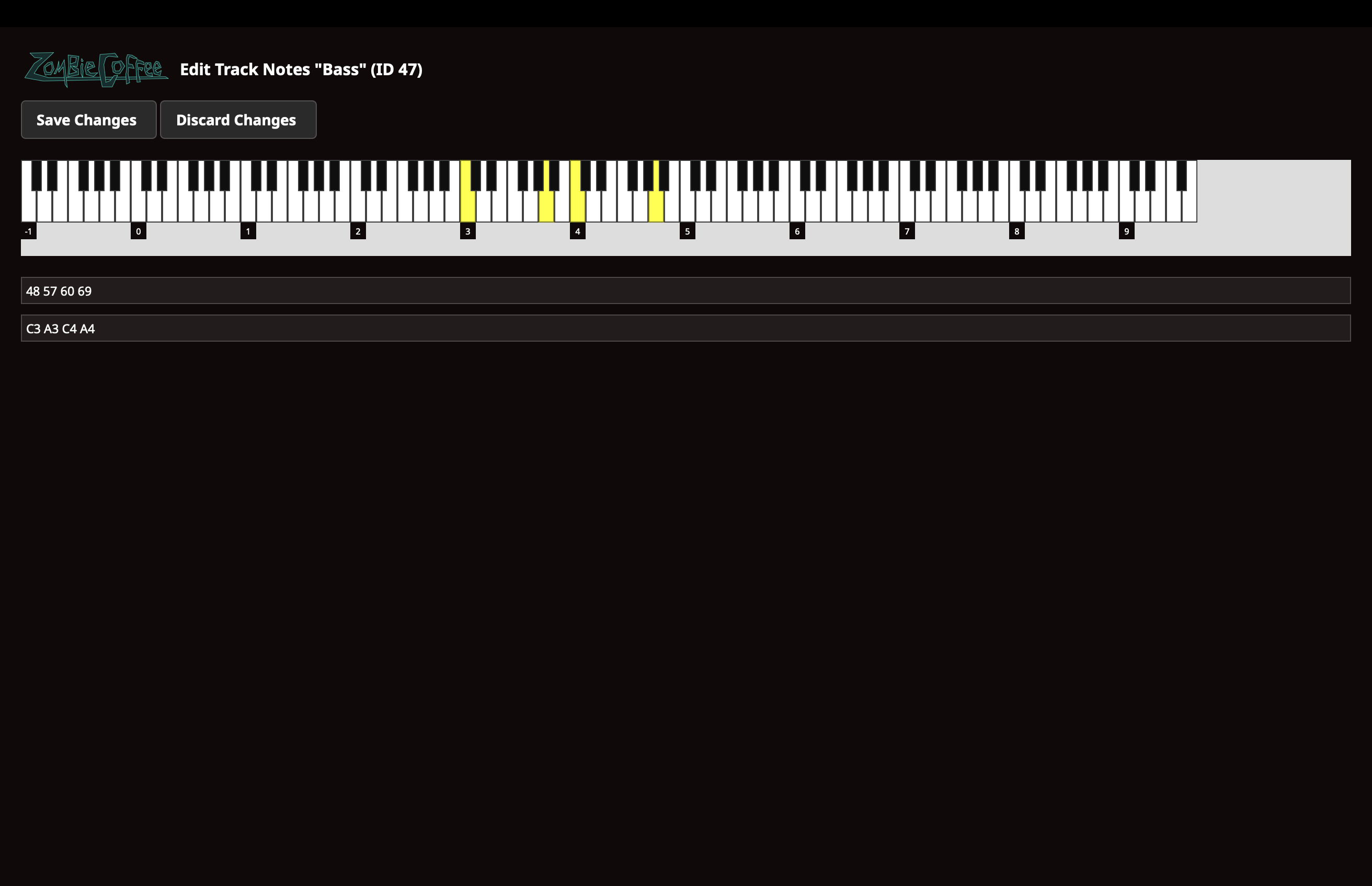 ZombieCoffee Edit Notes screen for Bass track.