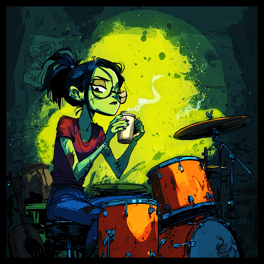 Zombie drinking coffee while sitting at a drum set.