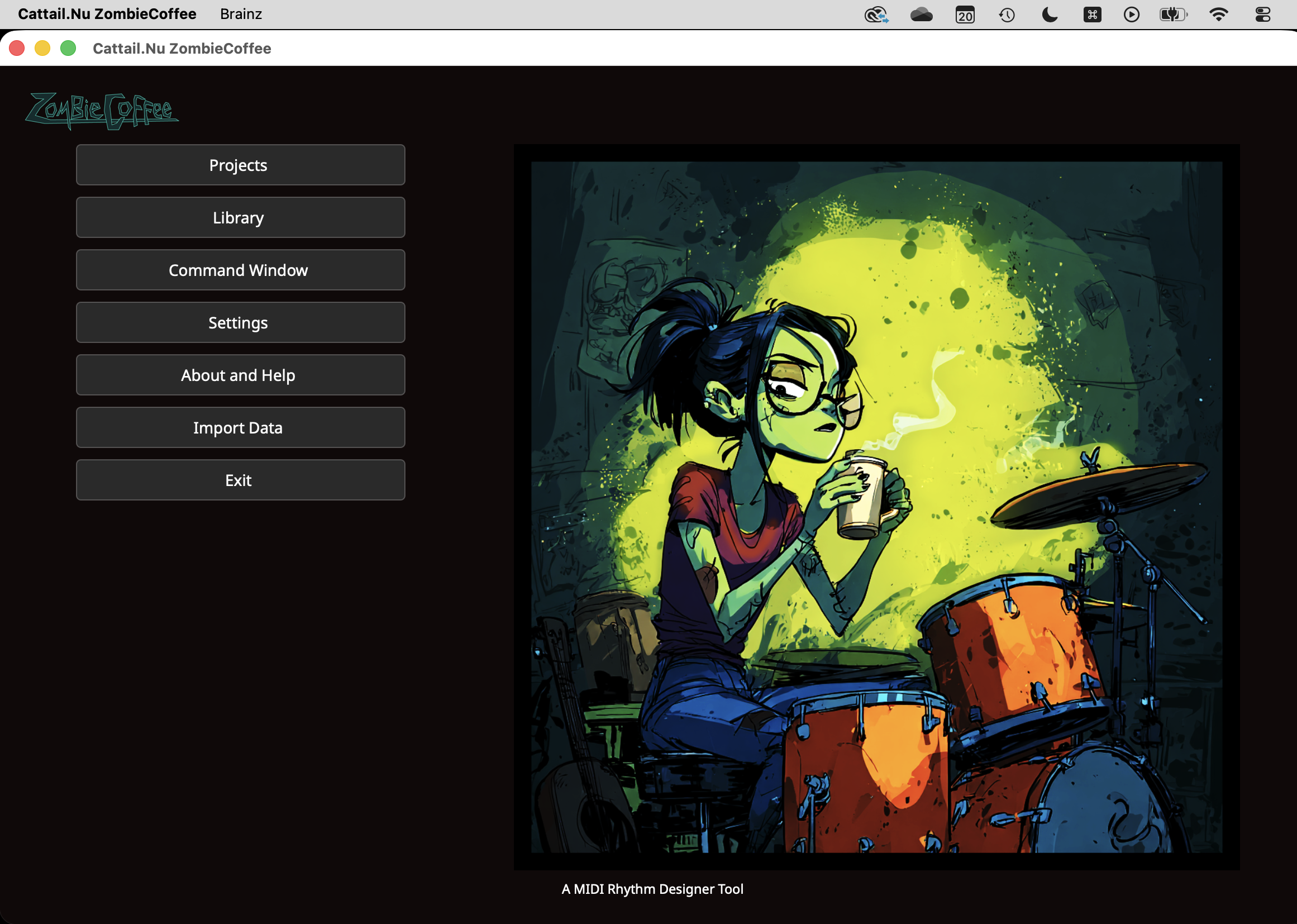 ZombieCoffee main navigation showing Projects, Library, Command Window, Settings, Help, Import Data, and Exit.