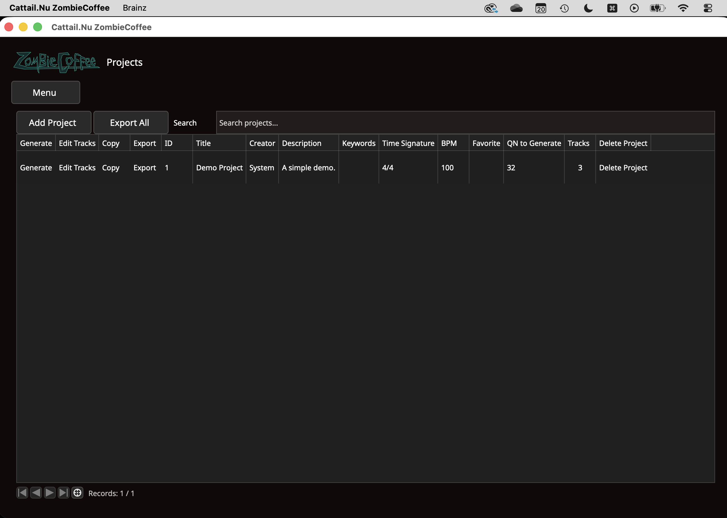 Projects screen