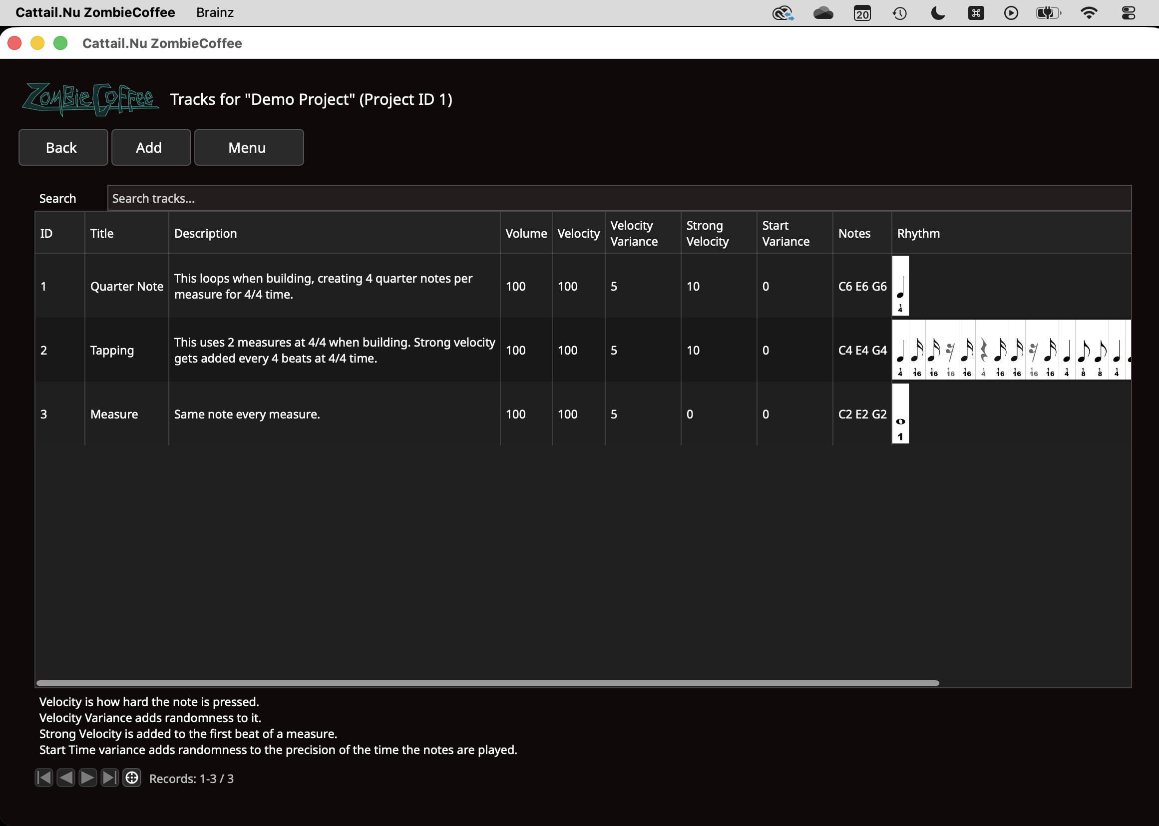 Project Tracks screen