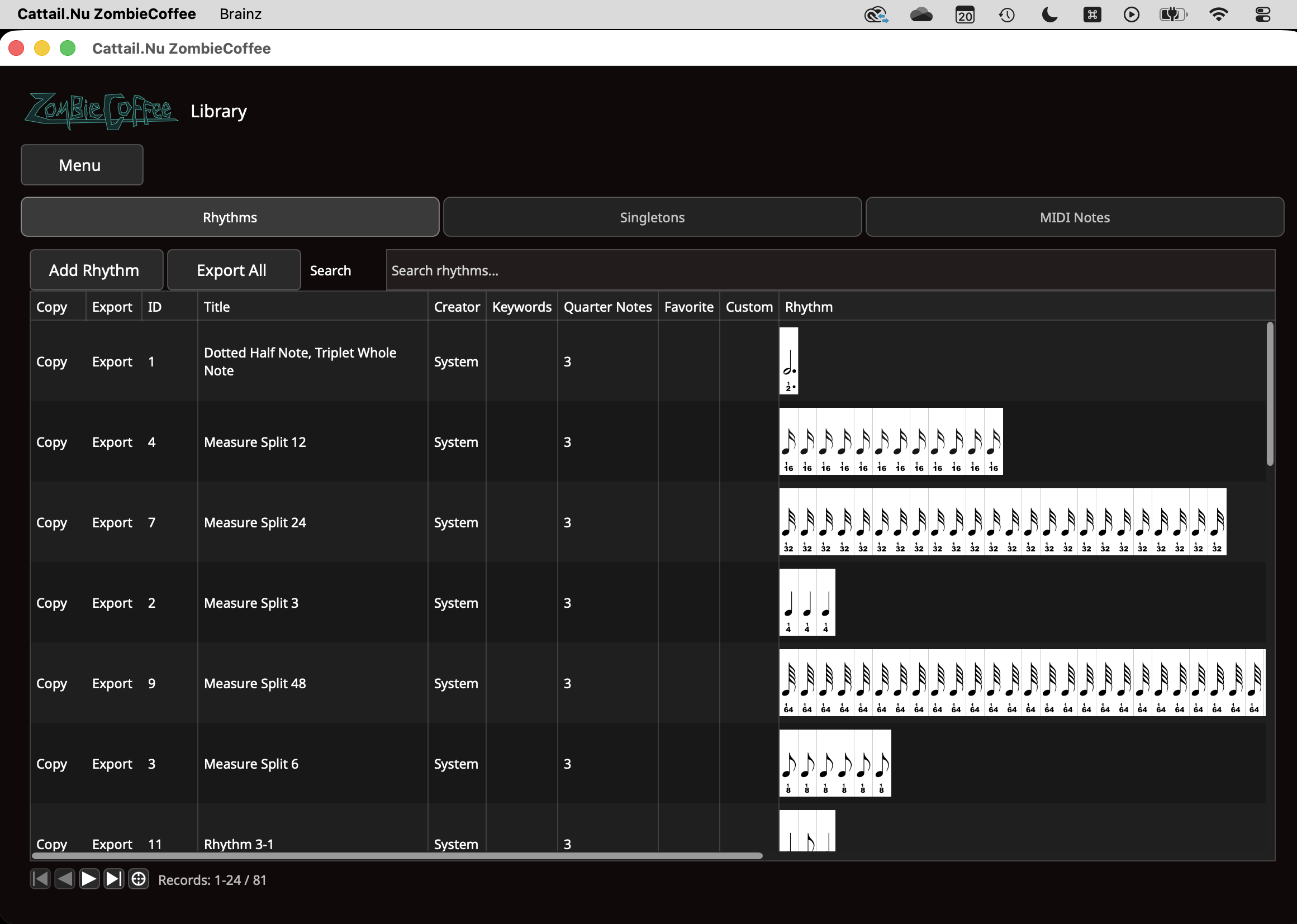 Customizable Rhythm Library screen